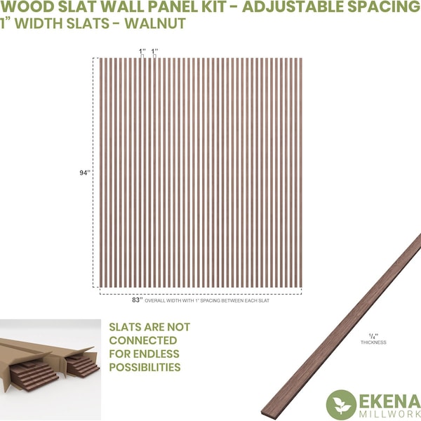 94H X 1/4T Adjustable Wood Slat Wall Panel Kit W/ 1W Slats, Walnut Contains 42 Slats